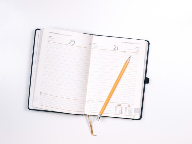 an open diary with a pencil